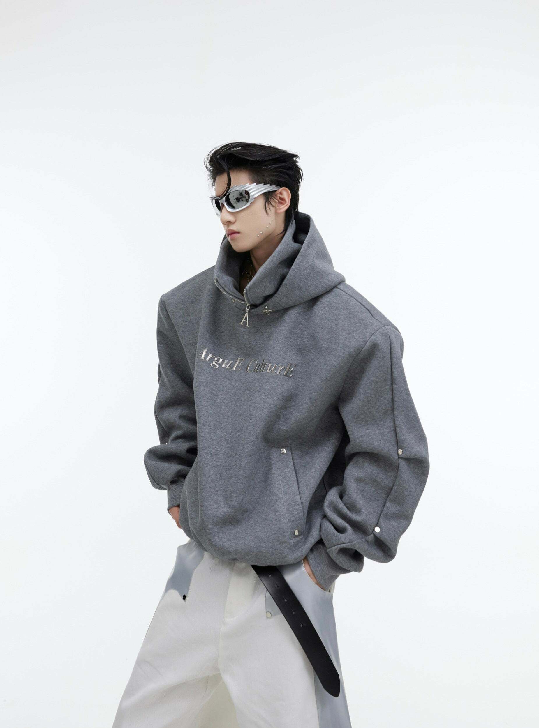 Y2K Grunge Silver-Studded Logo Hoodie - Retro 90s Fashion, Summer Outfits, and Clubwear