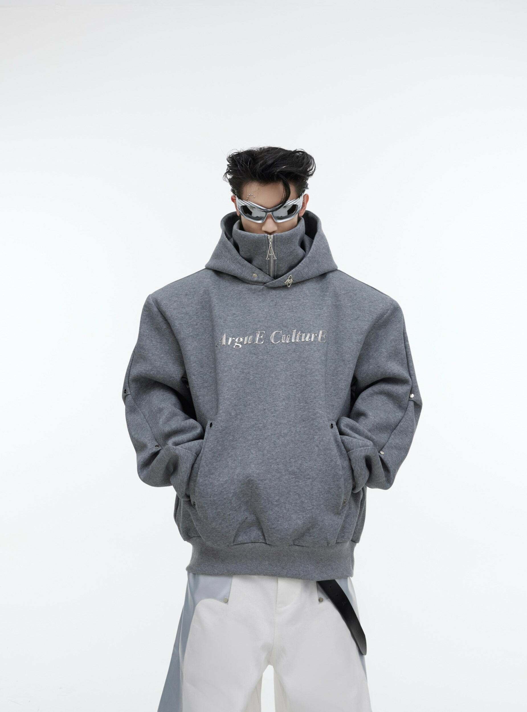 Y2K Grunge Silver-Studded Logo Hoodie - Retro 90s Fashion, Summer Outfits, and Clubwear