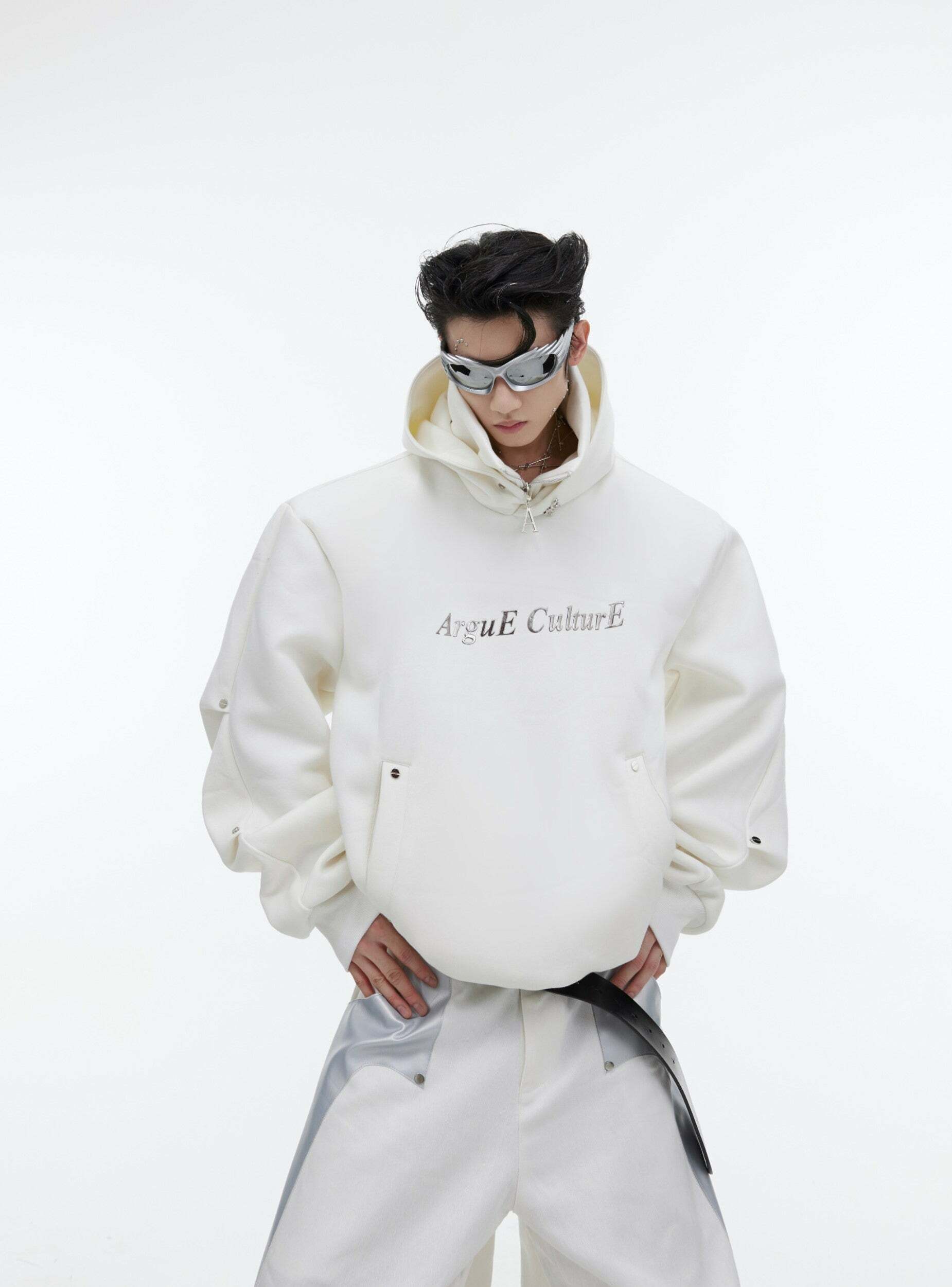 Y2K Grunge Silver-Studded Logo Hoodie - Retro 90s Fashion, Summer Outfits, and Clubwear
