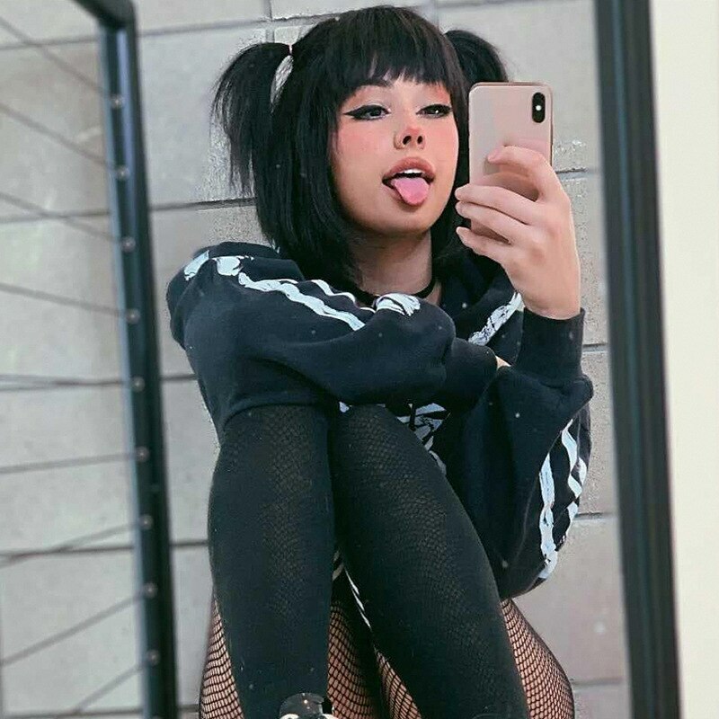 Y2K Grunge Skeleton Cropped Hoodie - 90s Retro Goth Summer Outfit for Women