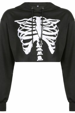 Y2K Grunge Skeleton Cropped Hoodie - 90s Retro Goth Summer Outfit for Women