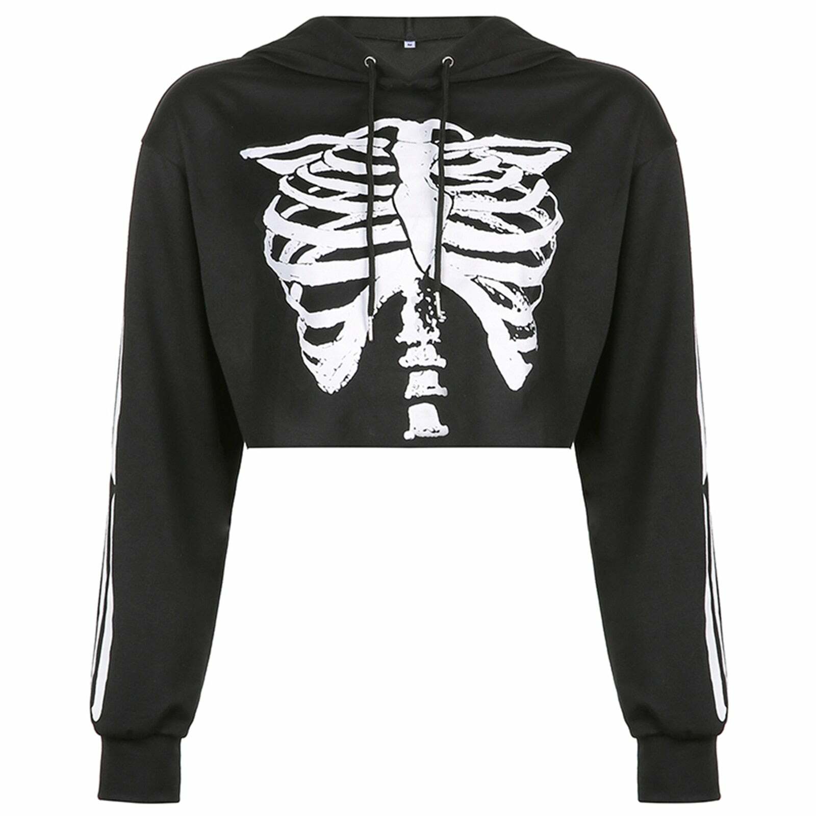 Y2K Grunge Skeleton Cropped Hoodie - 90s Retro Goth Summer Outfit for Women
