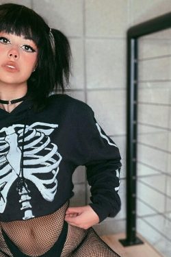 Y2K Grunge Skeleton Cropped Hoodie - 90s Retro Goth Summer Outfit for Women