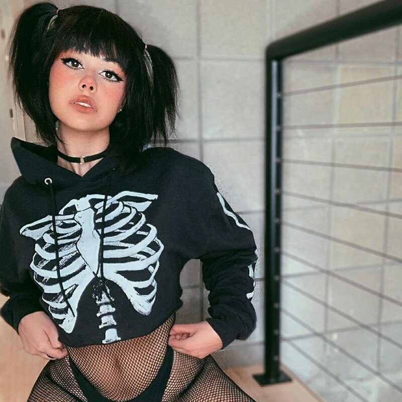 Y2K Grunge Skeleton Cropped Hoodie - 90s Retro Goth Summer Outfit for Women