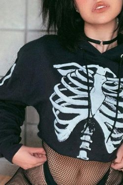 Y2K Grunge Skeleton Cropped Hoodie - 90s Retro Goth Summer Outfit for Women
