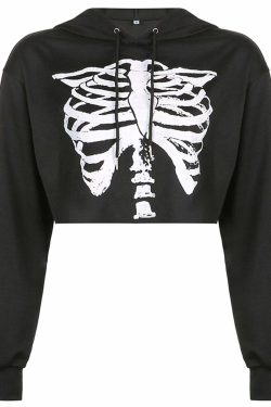 Y2K Grunge Skeleton Cropped Hoodie - 90s Retro Goth Summer Outfit for Women