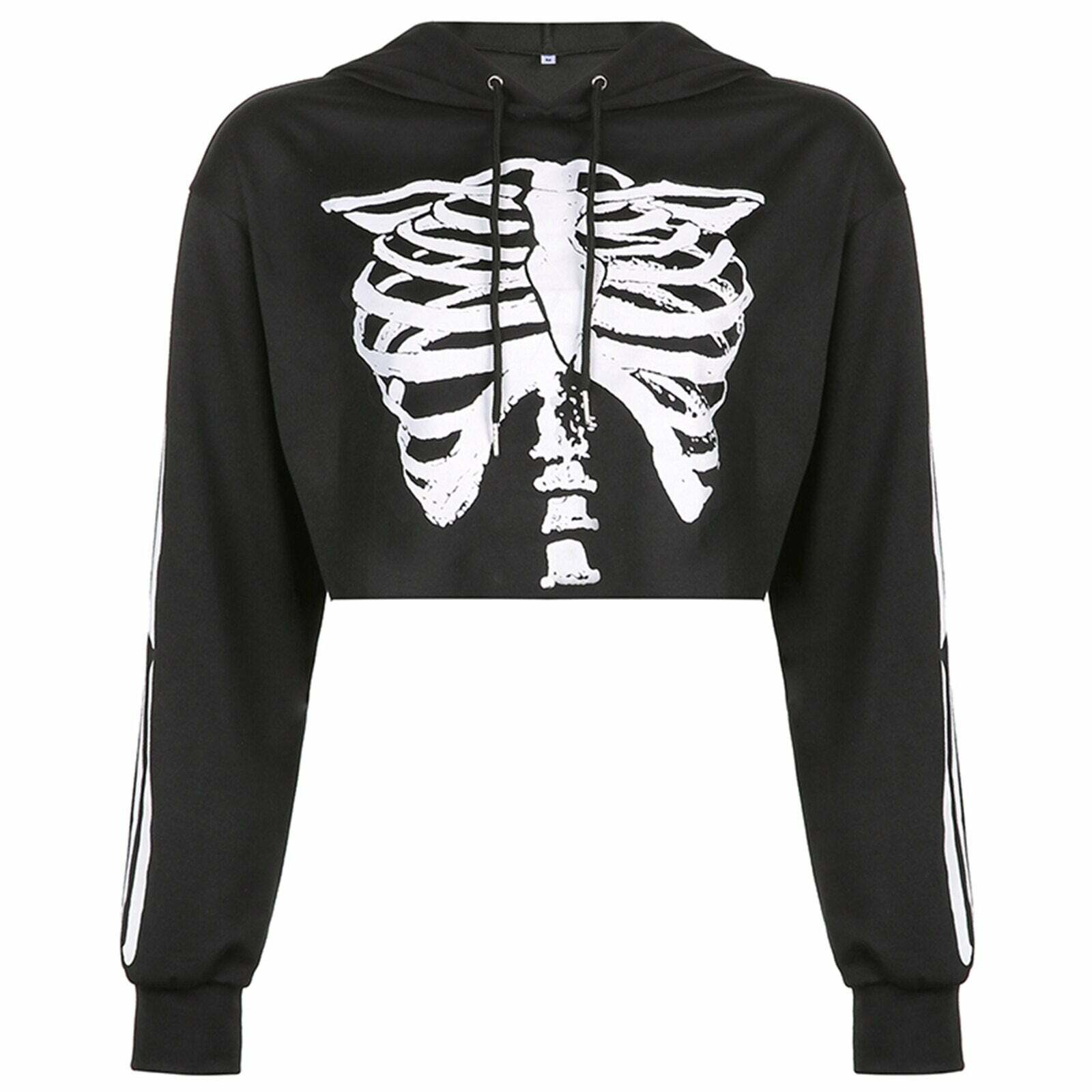 Y2K Grunge Skeleton Cropped Hoodie - 90s Retro Goth Summer Outfit for Women