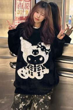 Y2K Grunge Skeleton Kuromi Sweater - 90s Retro Goth Pastel Goth Y2K Fashion Outfit