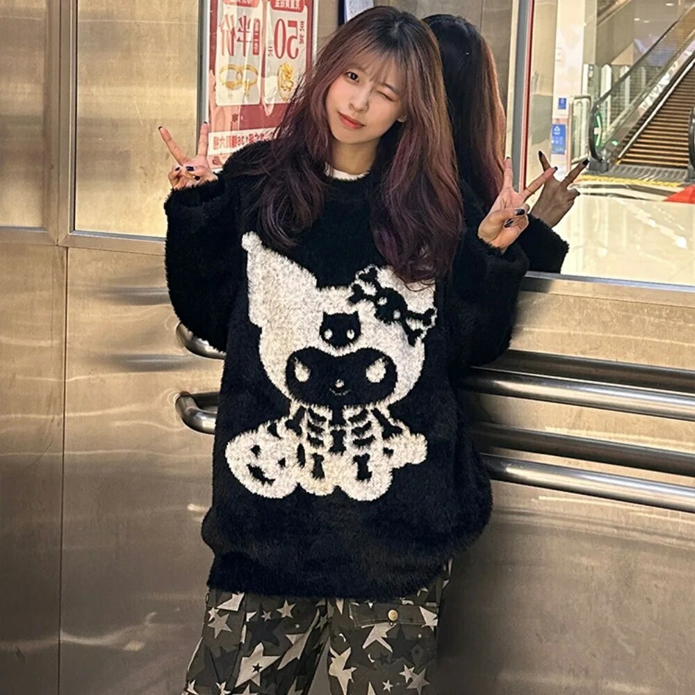 Y2K Grunge Skeleton Kuromi Sweater - 90s Retro Goth Pastel Goth Y2K Fashion Outfit