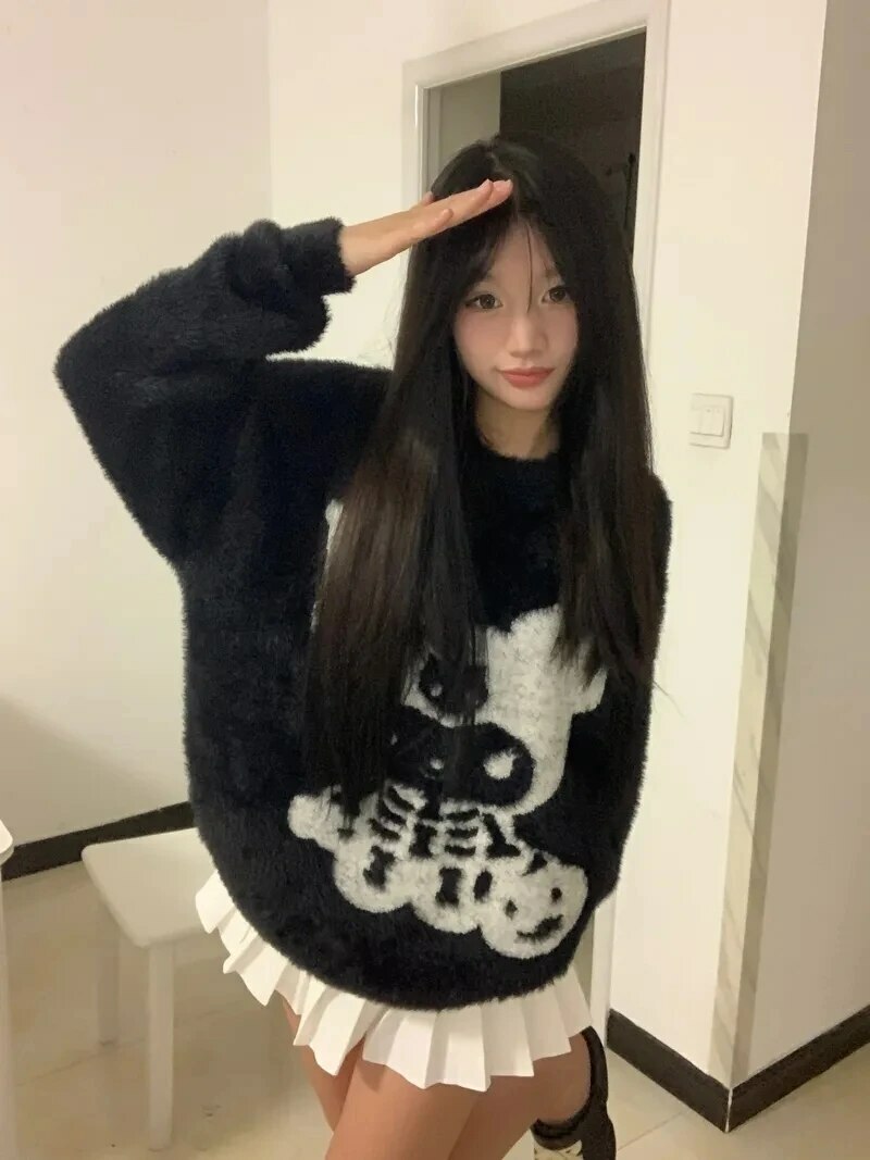Y2K Grunge Skeleton Kuromi Sweater - 90s Retro Goth Pastel Goth Y2K Fashion Outfit
