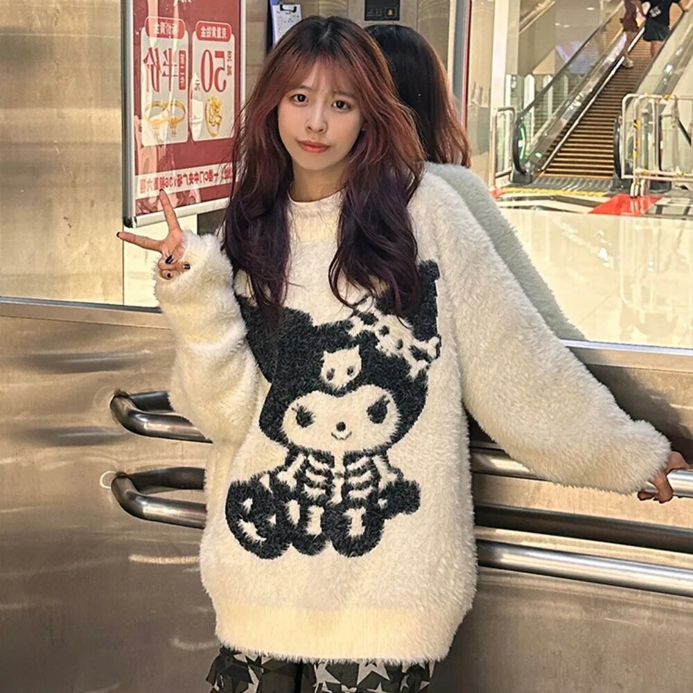 Y2K Grunge Skeleton Kuromi Sweater - 90s Retro Goth Pastel Goth Y2K Fashion Outfit