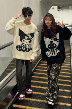 Y2K Grunge Skeleton Kuromi Sweater - 90s Retro Goth Pastel Goth Y2K Fashion Outfit