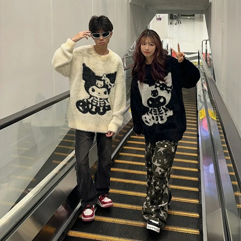 Y2K Grunge Skeleton Kuromi Sweater - 90s Retro Goth Pastel Goth Y2K Fashion Outfit