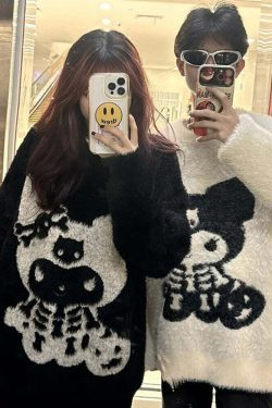 Y2K Grunge Skeleton Kuromi Sweater - 90s Retro Goth Pastel Goth Y2K Fashion Outfit