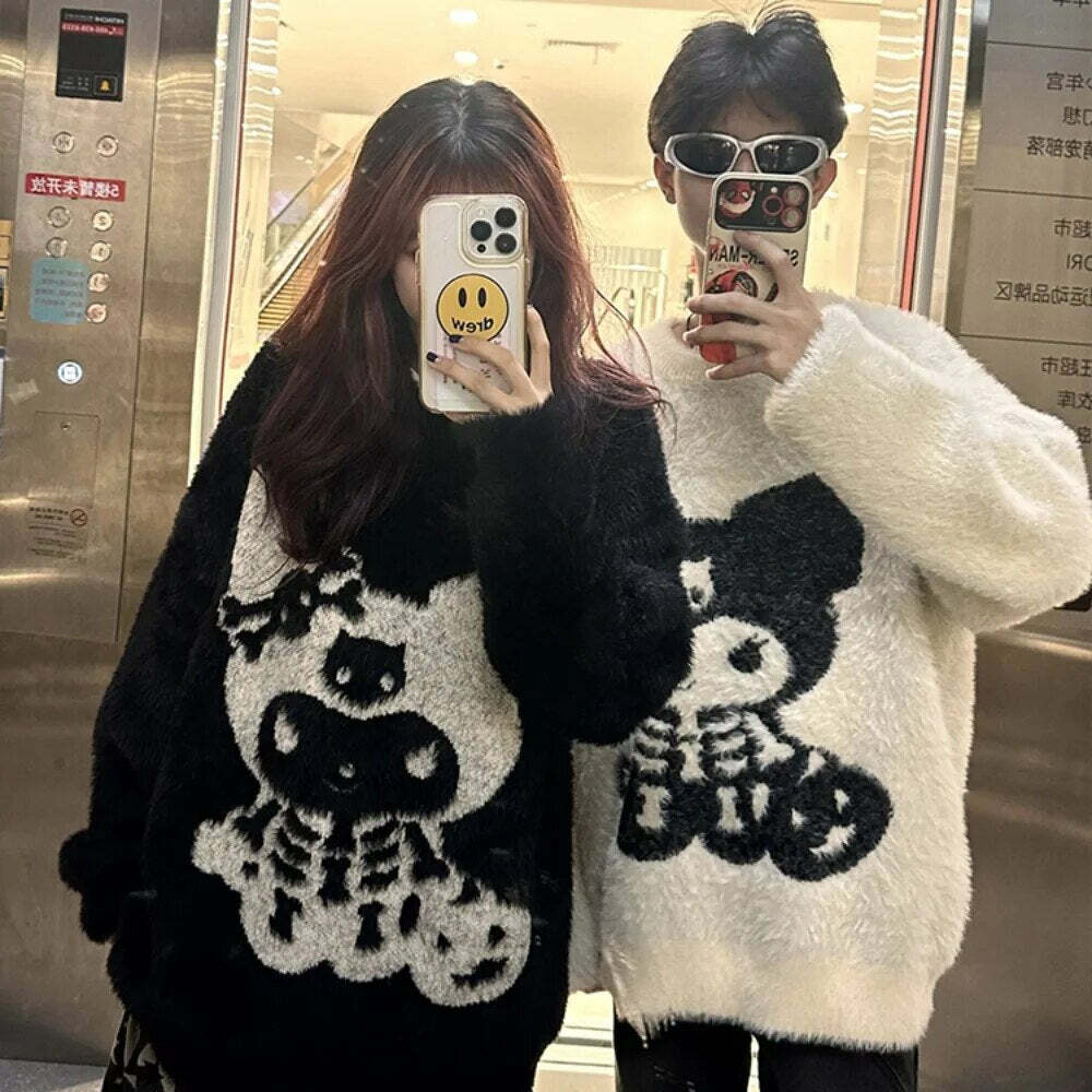 Y2K Grunge Skeleton Kuromi Sweater - 90s Retro Goth Pastel Goth Y2K Fashion Outfit