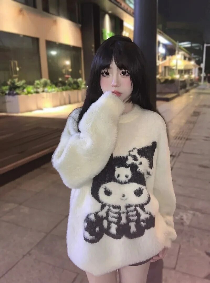 Y2K Grunge Skeleton Kuromi Sweater - 90s Retro Goth Pastel Goth Y2K Fashion Outfit