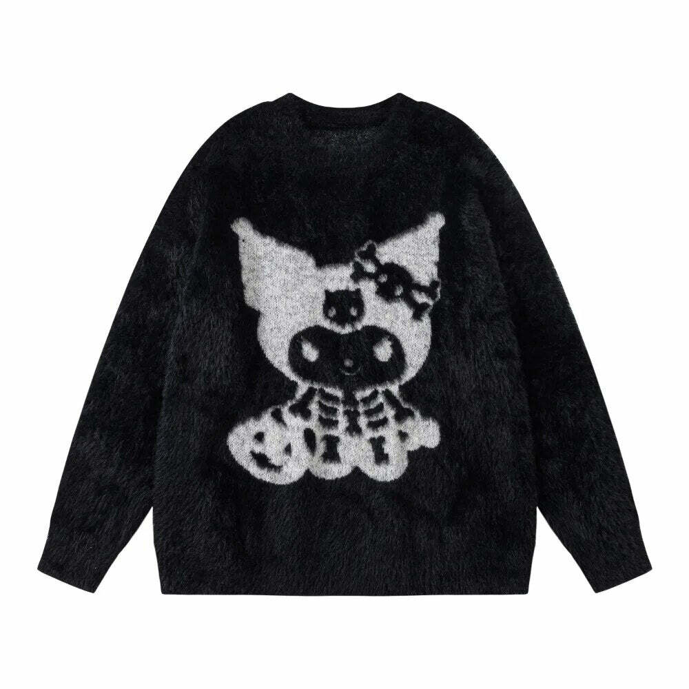 Y2K Grunge Skeleton Kuromi Sweater - 90s Retro Goth Pastel Goth Y2K Fashion Outfit