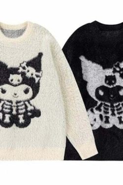 Y2K Grunge Skeleton Kuromi Sweater - 90s Retro Goth Pastel Goth Y2K Fashion Outfit