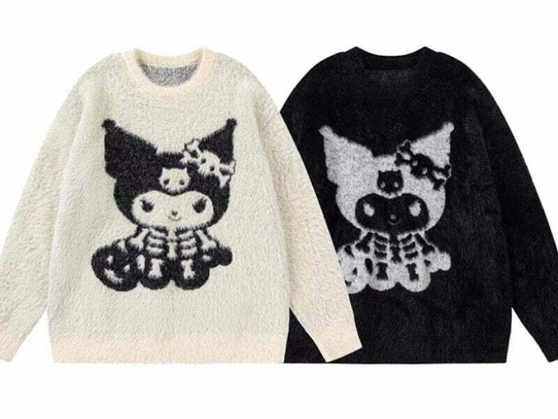 Y2K Grunge Skeleton Kuromi Sweater - 90s Retro Goth Pastel Goth Y2K Fashion Outfit