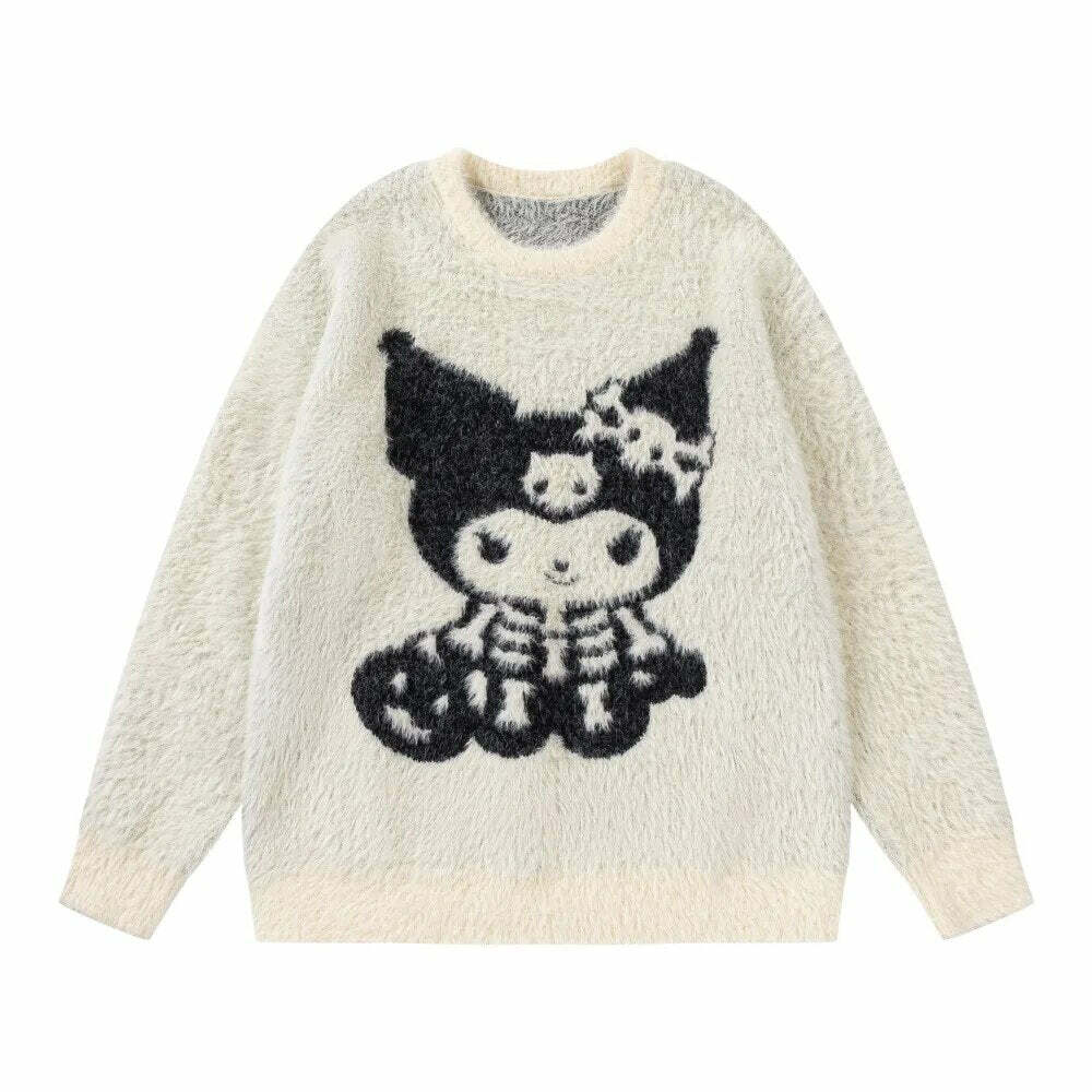 Y2K Grunge Skeleton Kuromi Sweater - 90s Retro Goth Pastel Goth Y2K Fashion Outfit