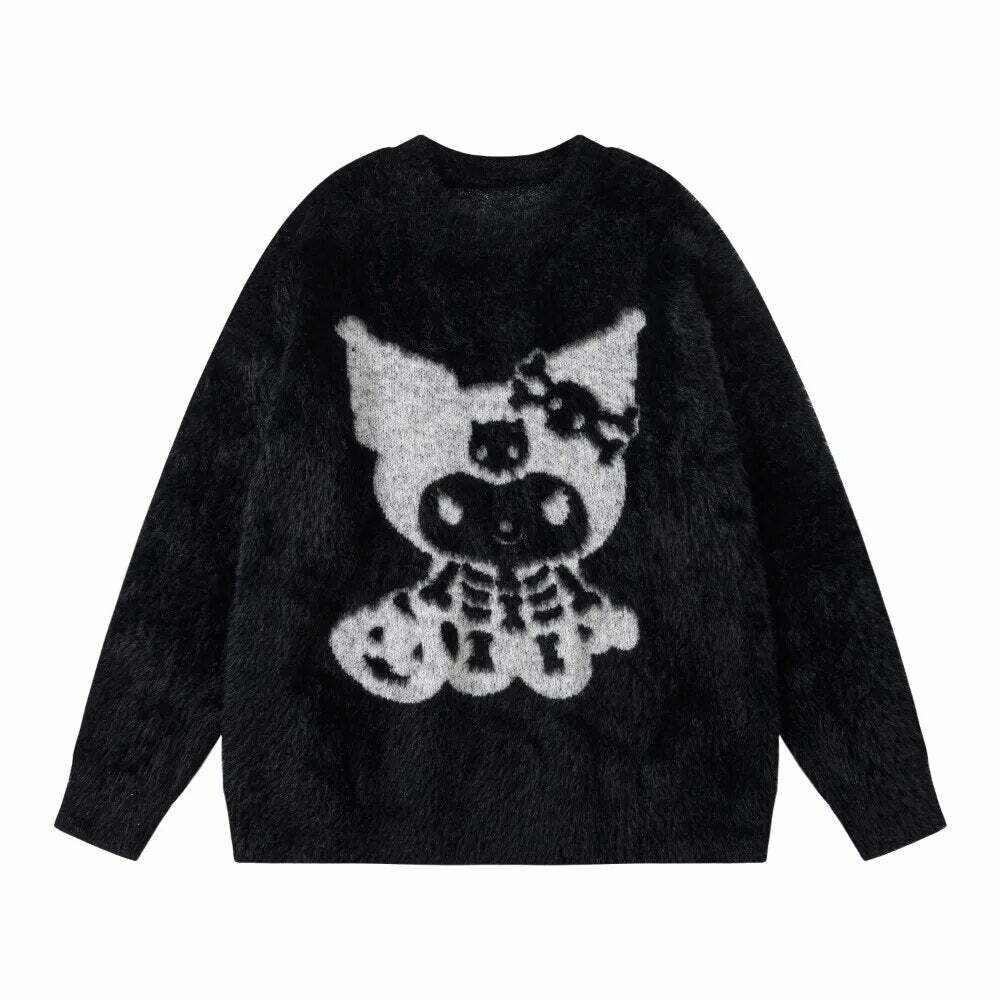 Y2K Grunge Skeleton Kuromi Sweater - 90s Retro Goth Pastel Goth Y2K Fashion Outfit