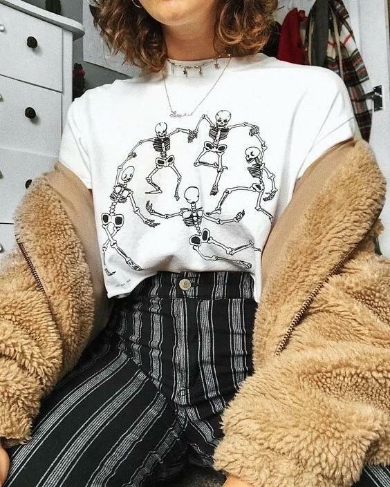 Y2K Grunge Skeleton Party T-Shirt - Retro 90s Fashion, Summer Y2K Outfits, Gothic Y2K Style