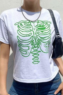 Y2K Grunge Skeleton Print Shirt - 90s Retro Summer Outfit, Gothic Y2K Fashion Top