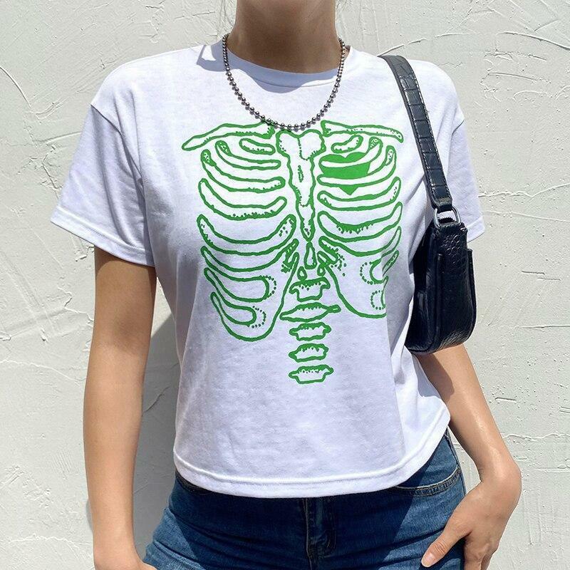 Y2K Grunge Skeleton Print Shirt - 90s Retro Summer Outfit, Gothic Y2K Fashion Top