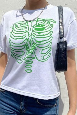 Y2K Grunge Skeleton Print Shirt - 90s Retro Summer Outfit, Gothic Y2K Fashion Top