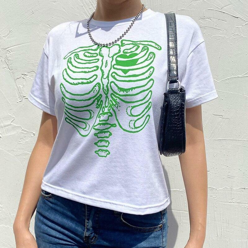 Y2K Grunge Skeleton Print Shirt - 90s Retro Summer Outfit, Gothic Y2K Fashion Top
