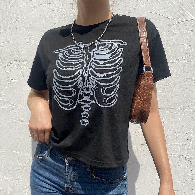Y2K Grunge Skeleton Print Shirt - 90s Retro Summer Outfit, Gothic Y2K Fashion Top