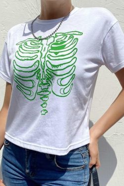 Y2K Grunge Skeleton Print Shirt - 90s Retro Summer Outfit, Gothic Y2K Fashion Top