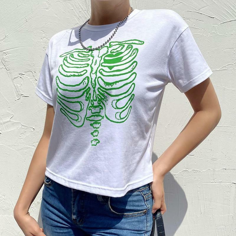 Y2K Grunge Skeleton Print Shirt - 90s Retro Summer Outfit, Gothic Y2K Fashion Top