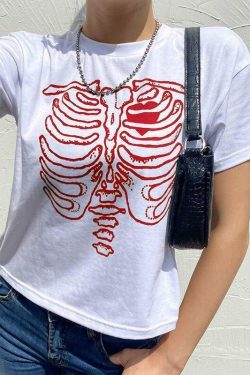 Y2K Grunge Skeleton Print Shirt - 90s Retro Summer Outfit, Gothic Y2K Fashion Top
