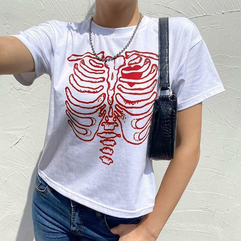 Y2K Grunge Skeleton Print Shirt - 90s Retro Summer Outfit, Gothic Y2K Fashion Top
