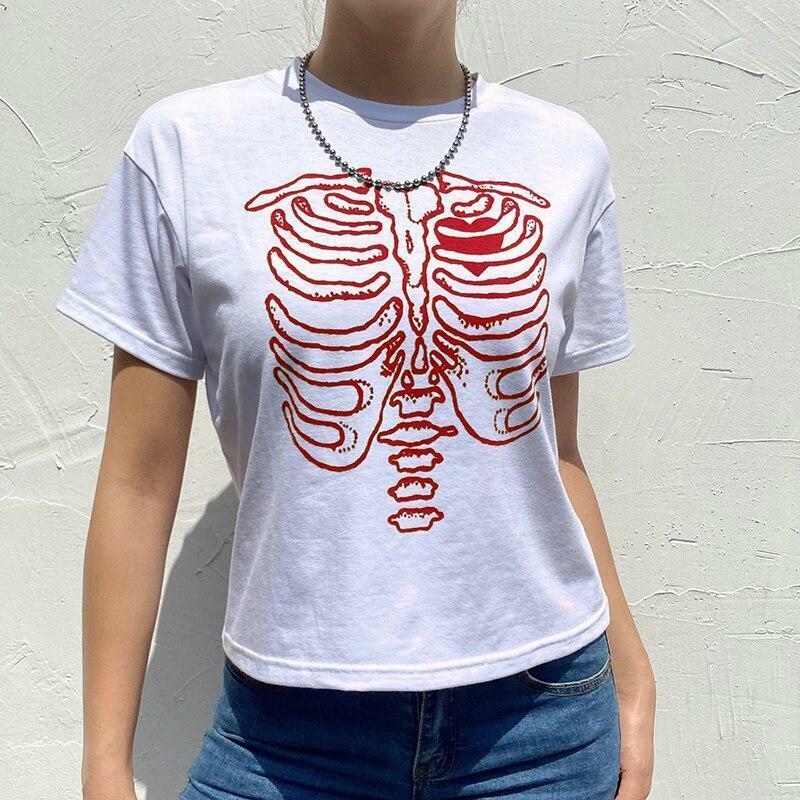 Y2K Grunge Skeleton Print Shirt - 90s Retro Summer Outfit, Gothic Y2K Fashion Top