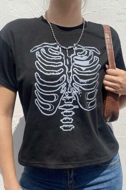 Y2K Grunge Skeleton Print Shirt - 90s Retro Summer Outfit, Gothic Y2K Fashion Top