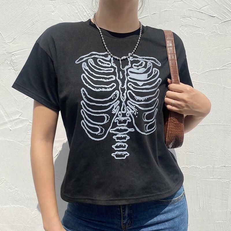 Y2K Grunge Skeleton Print Shirt - 90s Retro Summer Outfit, Gothic Y2K Fashion Top