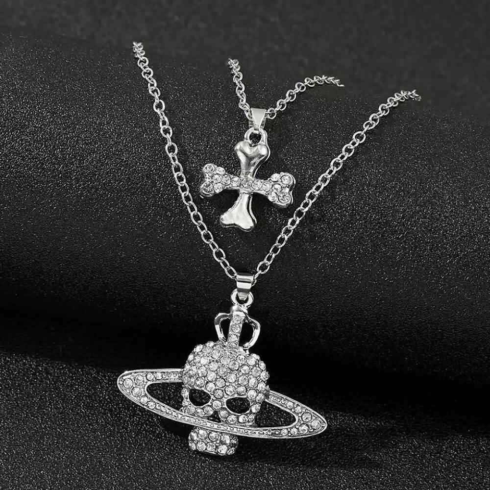 Y2K Grunge Skull & Crossbones Pendant Necklace - Retro 90s Goth Fashion Accessory