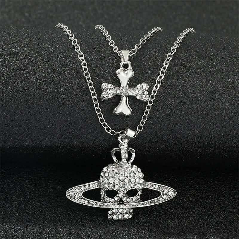 Y2K Grunge Skull & Crossbones Pendant Necklace - Retro 90s Goth Fashion Accessory