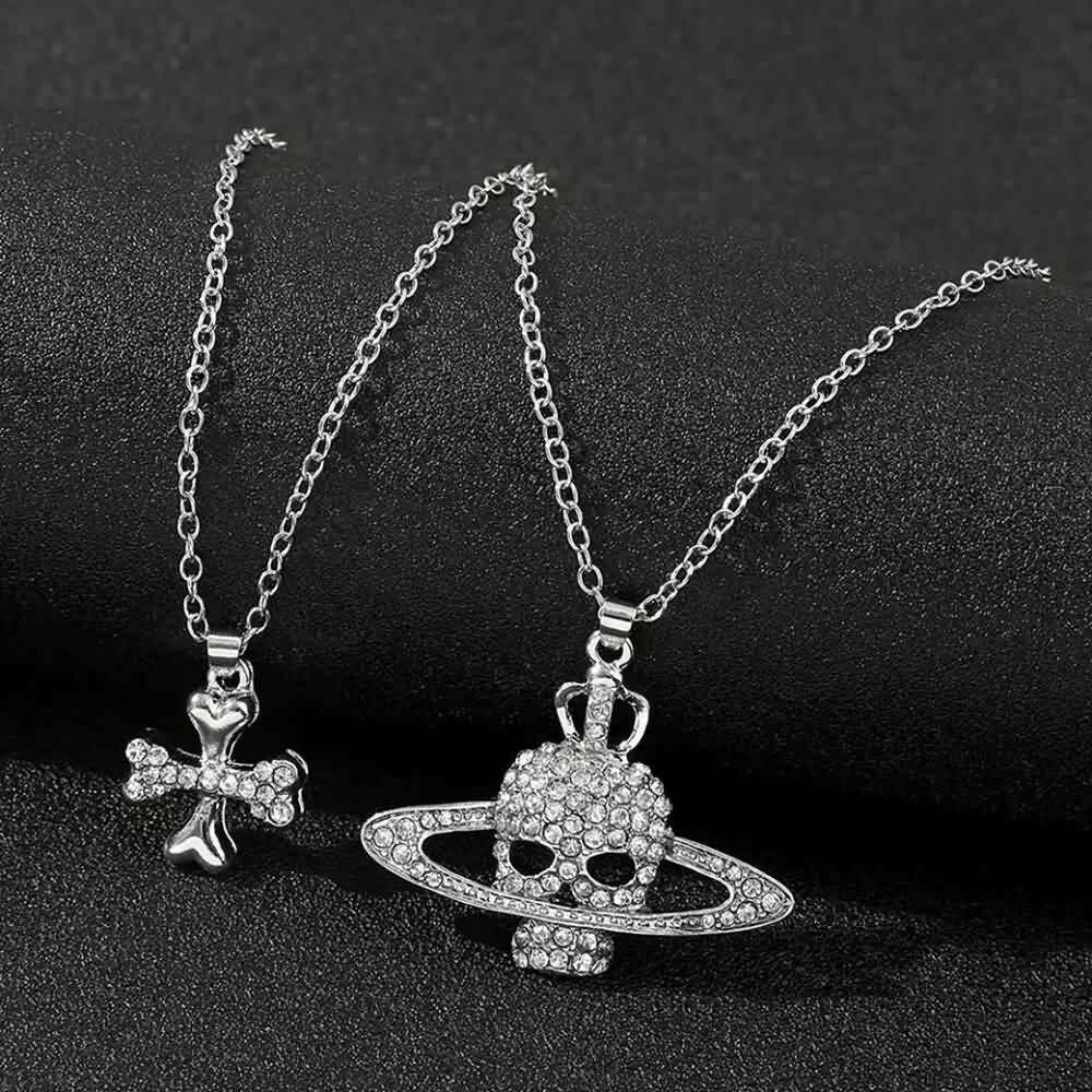 Y2K Grunge Skull & Crossbones Pendant Necklace - Retro 90s Goth Fashion Accessory