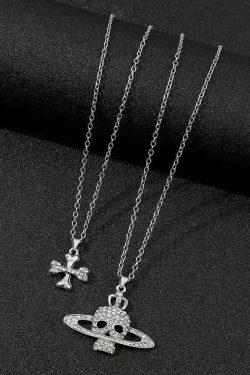 Y2K Grunge Skull & Crossbones Pendant Necklace - Retro 90s Goth Fashion Accessory