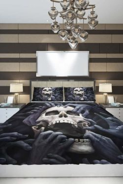 Y2K Grunge Skull & Hands Duvet Cover Set - Retro 90s Goth Summer Bedroom Decor