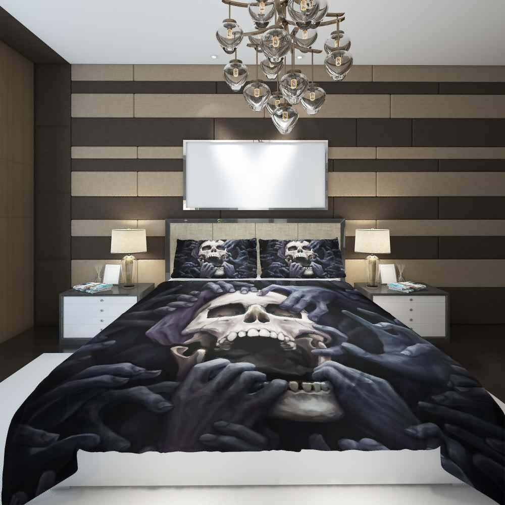 Y2K Grunge Skull & Hands Duvet Cover Set - Retro 90s Goth Summer Bedroom Decor