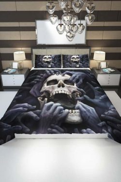 Y2K Grunge Skull & Hands Duvet Cover Set - Retro 90s Goth Summer Bedroom Decor