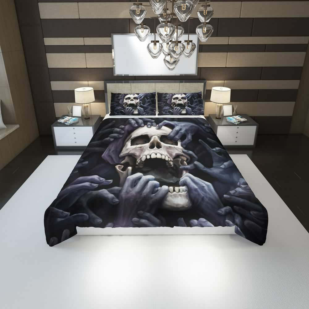 Y2K Grunge Skull & Hands Duvet Cover Set - Retro 90s Goth Summer Bedroom Decor