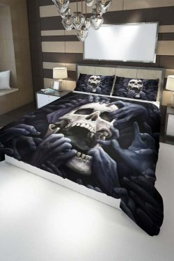 Y2K Grunge Skull & Hands Duvet Cover Set - Retro 90s Goth Summer Bedroom Decor