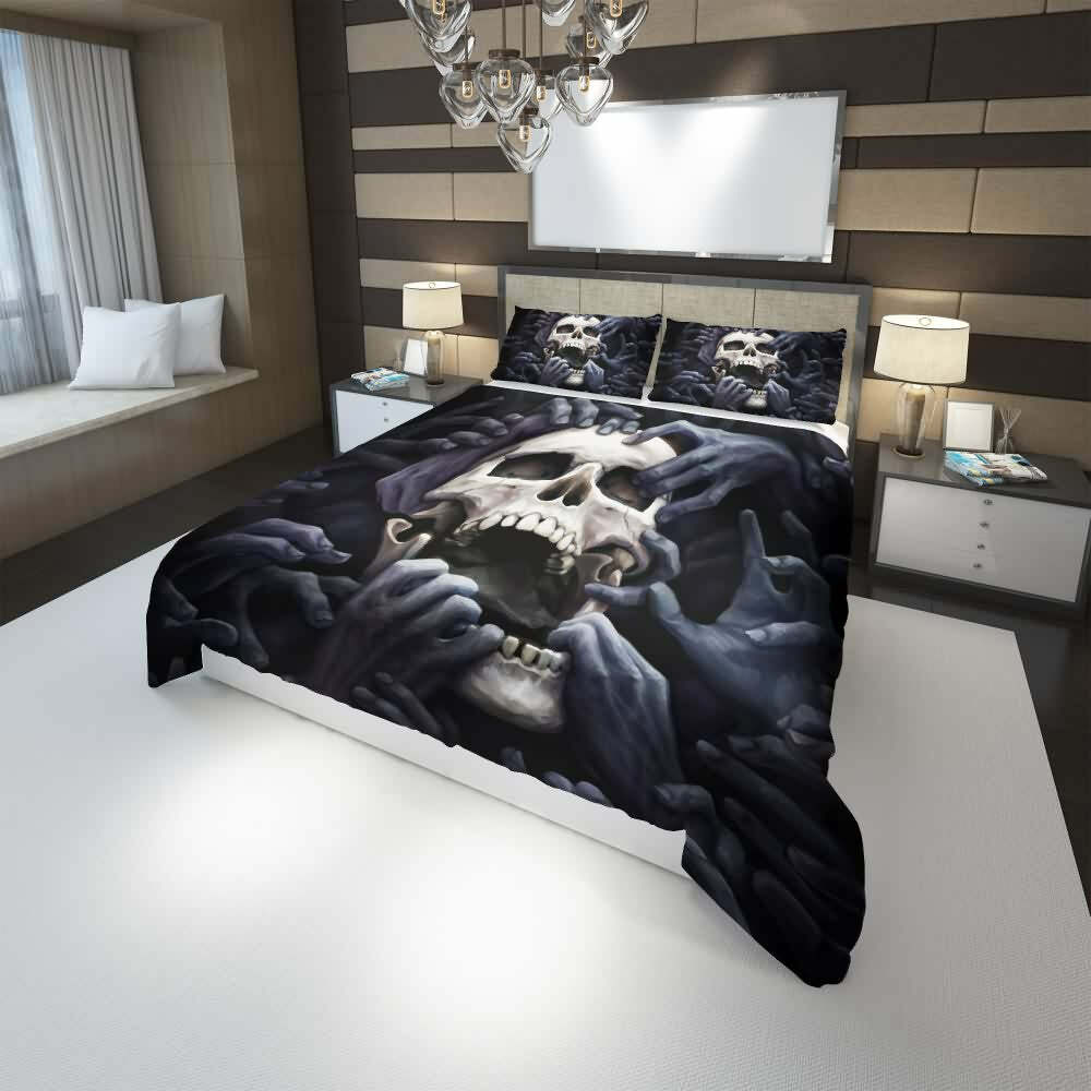 Y2K Grunge Skull & Hands Duvet Cover Set - Retro 90s Goth Summer Bedroom Decor