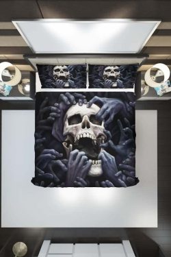 Y2K Grunge Skull & Hands Duvet Cover Set - Retro 90s Goth Summer Bedroom Decor