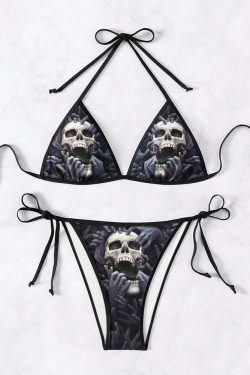 Y2K Grunge Skull & Hands Halter String Bikini Set - Retro 90s Summer Beach Outfit